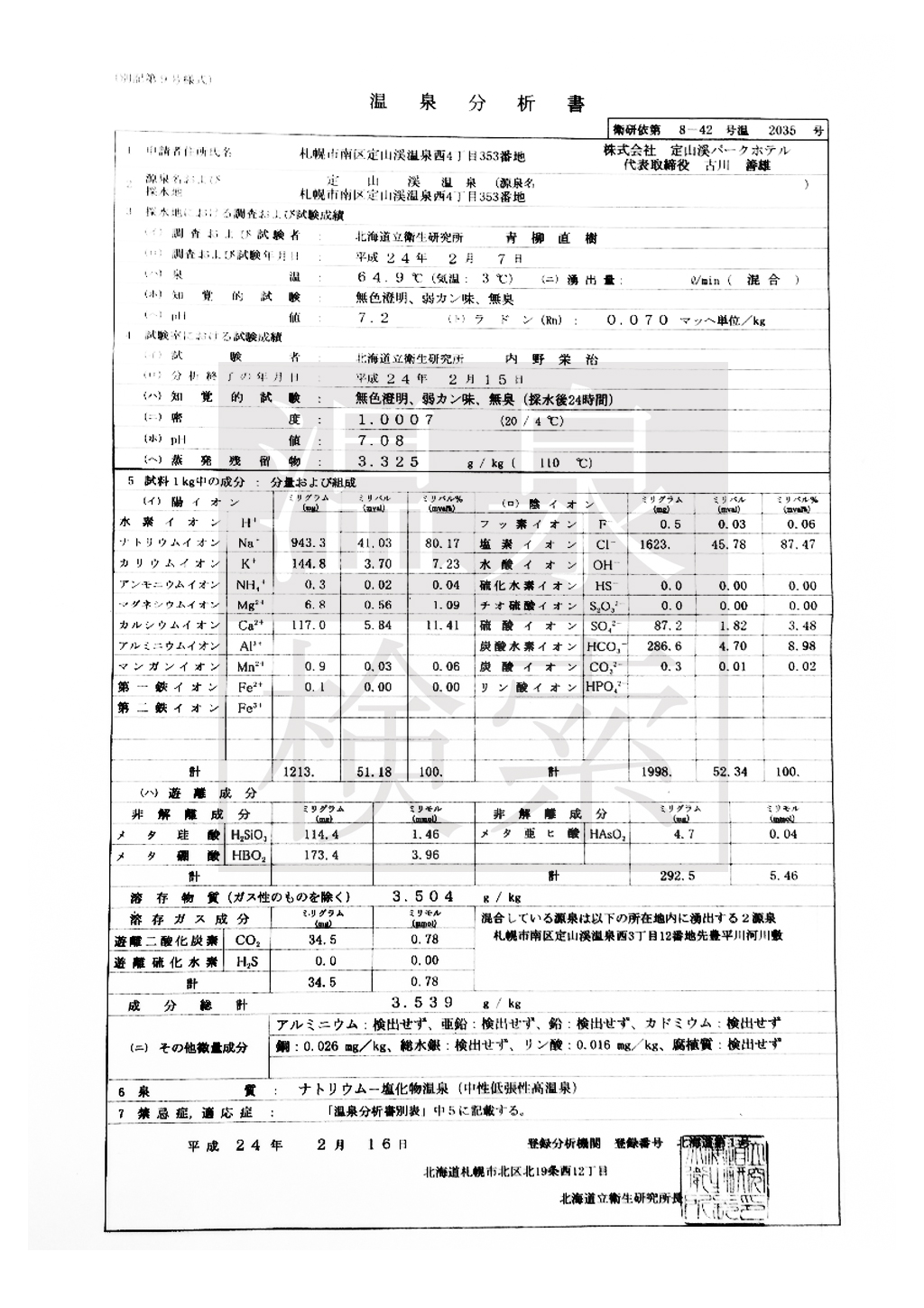 ぬくもりの宿 ふる川の温泉分析書01