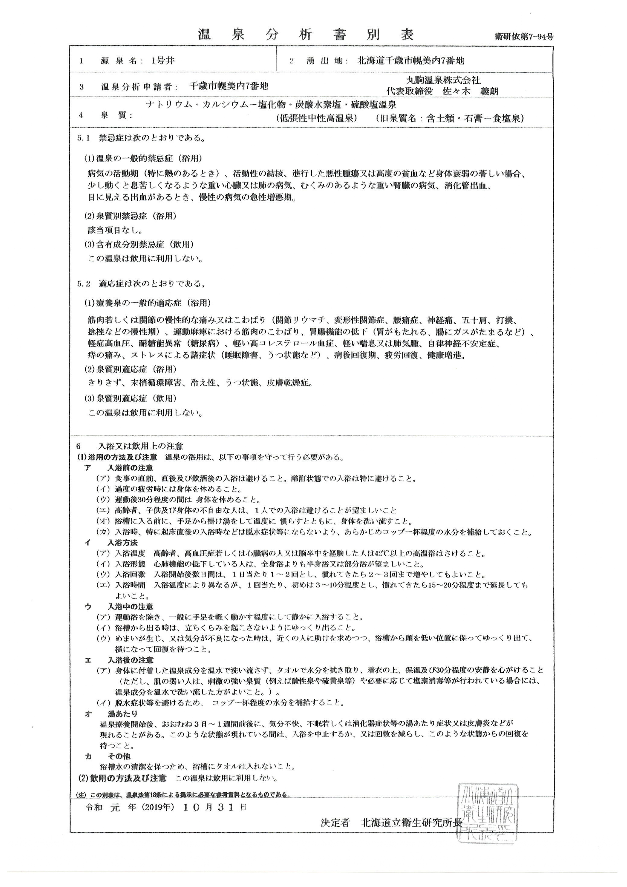丸駒温泉旅館の温泉分析書02