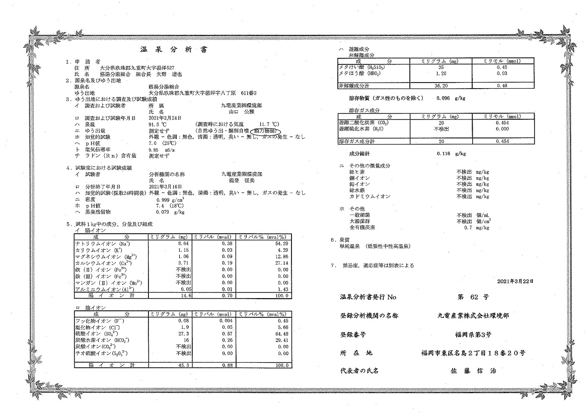 山あいの宿 喜安屋の温泉分析書02