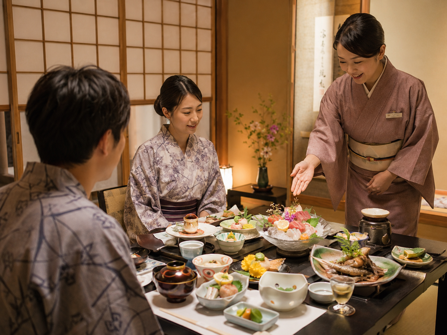 夕食時、スタッフがお客様に料理の説明